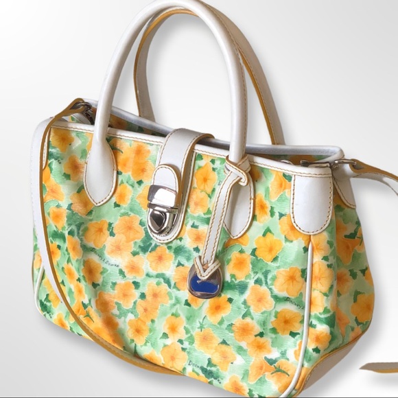 Dooney Bourke Petunia Floral Satchel Tote Bag White Leather Coated Canvas Purse - Picture 2 of 12